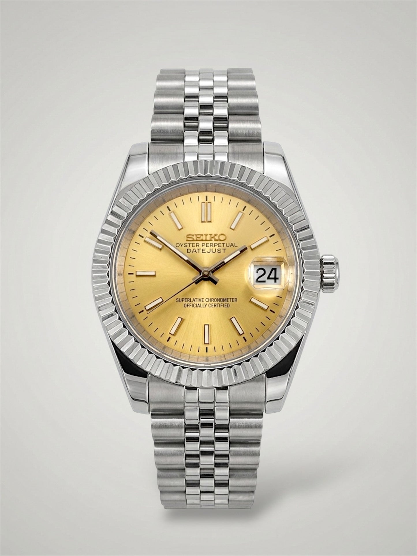 Champagne Datejust mod, silver jubilee gold dial Seiko mod