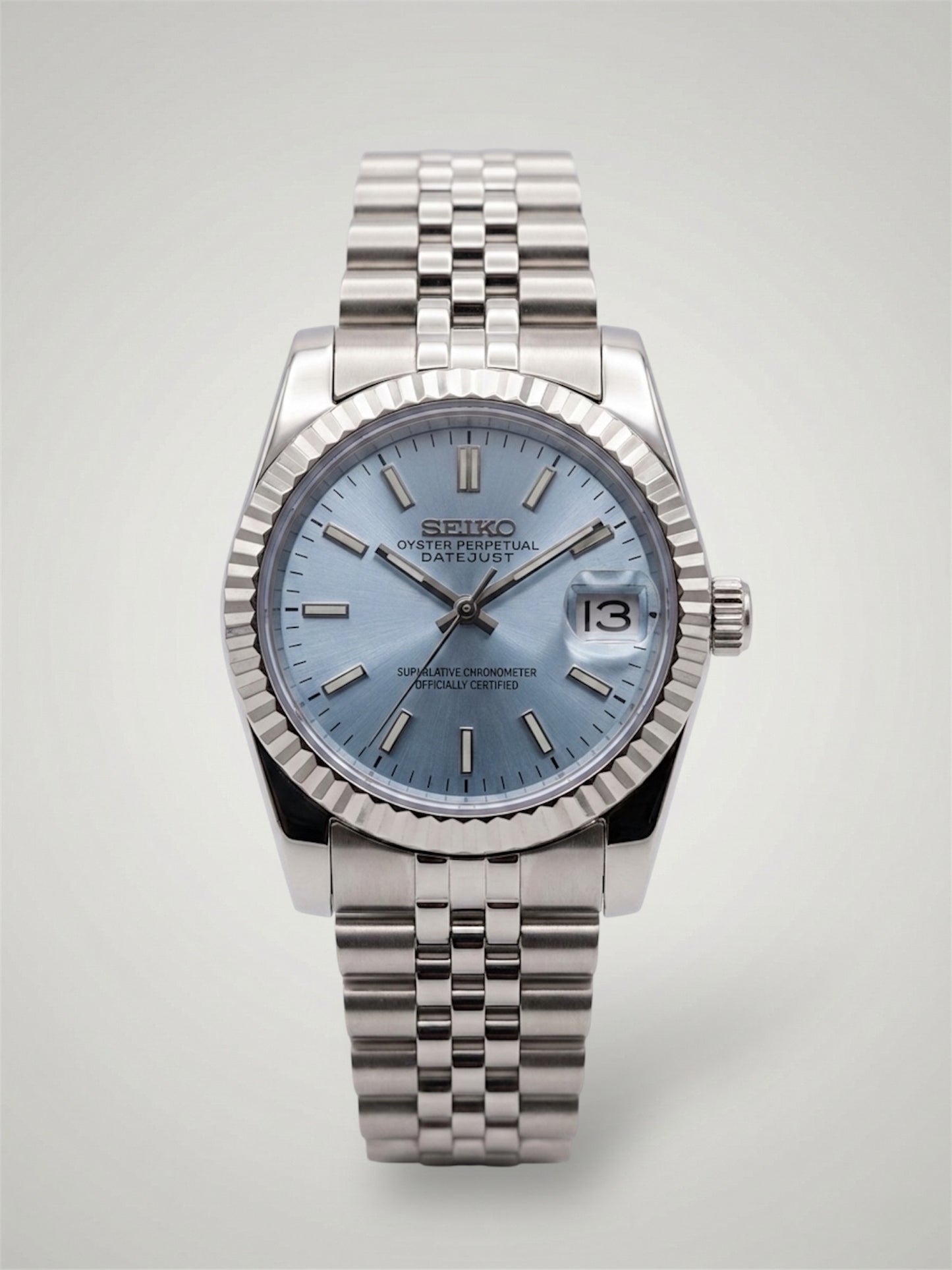 Blå Datejust mod, lyseblå Seikomod seikojust