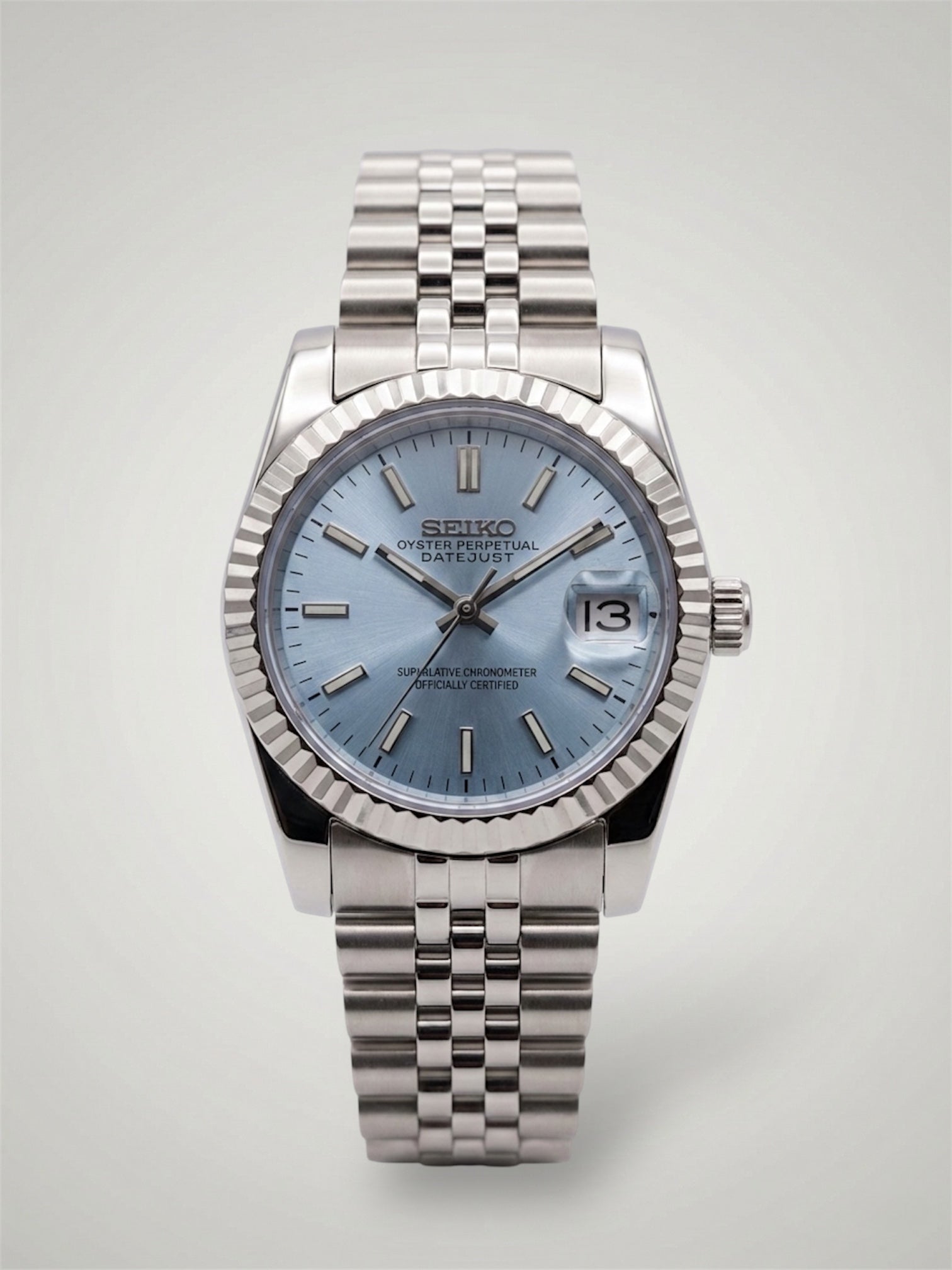 Blå Datejust mod, lyseblå Seikomod seikojust